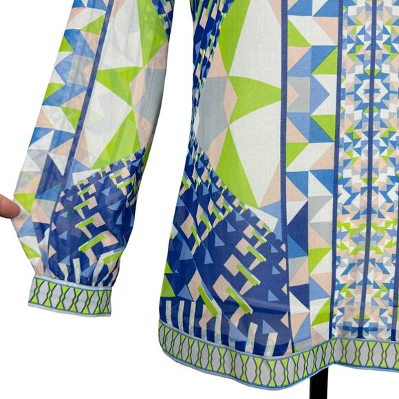 Hale Bob | Blue & Green Print Beaded Embellished V-neck Long Sleeve Blouse - Picture 7 of 12